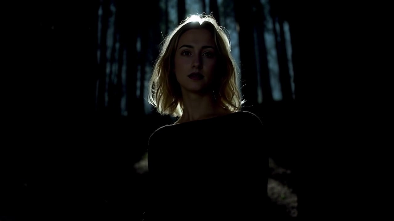 Subject (Build: Slender, Clothing: Dark attire, Hair: Long and flowing, Facial features: Expressive, Body posture: Apprehensive) + Subject movement (Still) + Scene (Dark forest at night) + Camera Language (Slow zoom in) + Lighting (Moonlight filtering through trees) + Atmosphere (Mysterious)