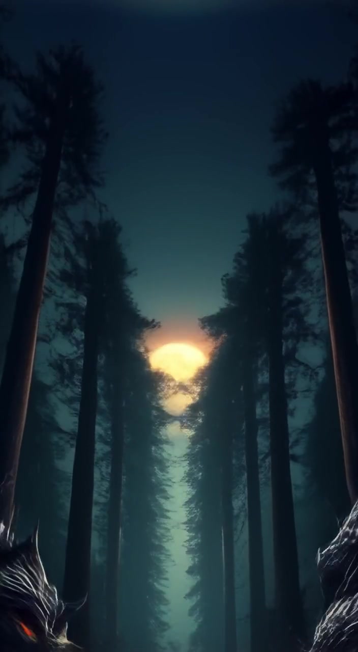Moonlight filters gently through the branches as leaves rustle softly in the dark forest at midnight.