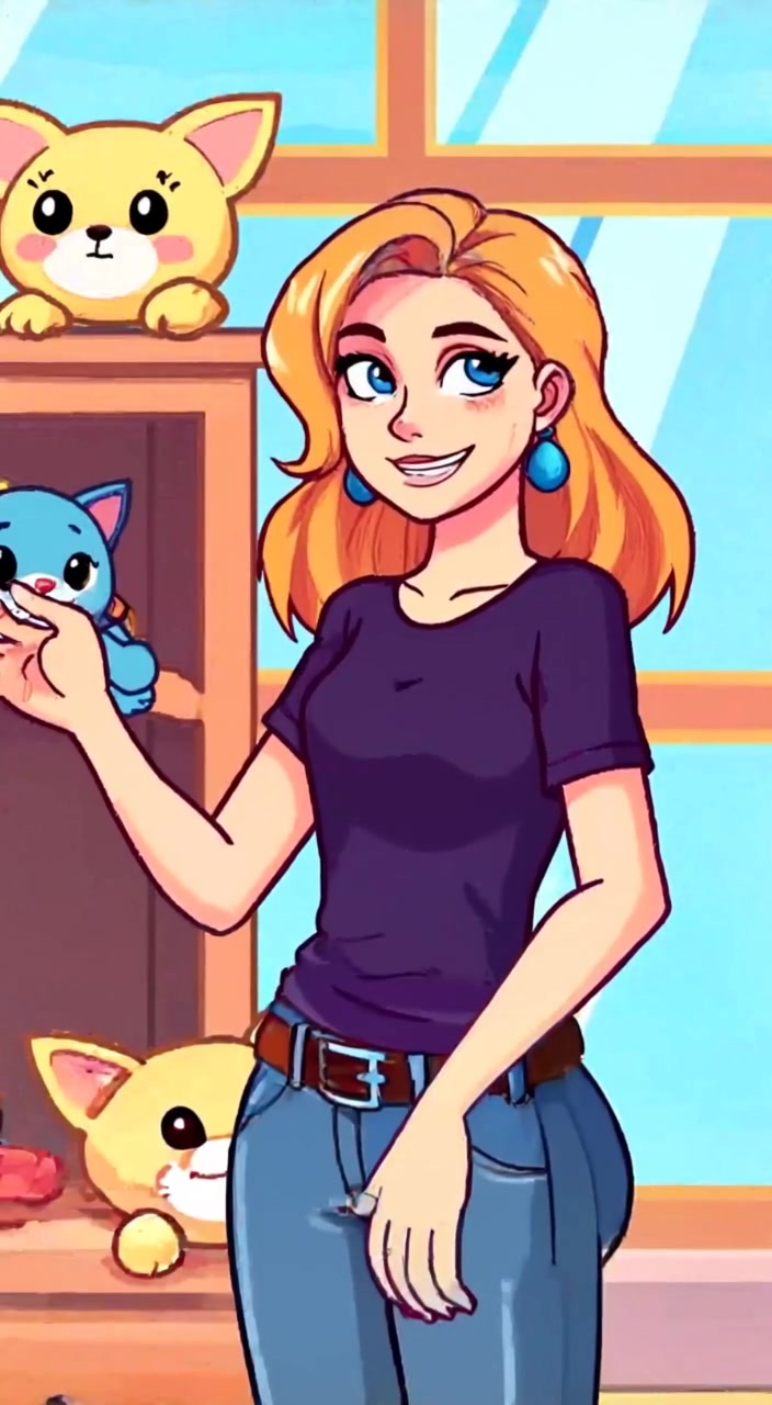The woman joyfully reaches for colorful plush toys on a shelf in a bright, softly lit room.