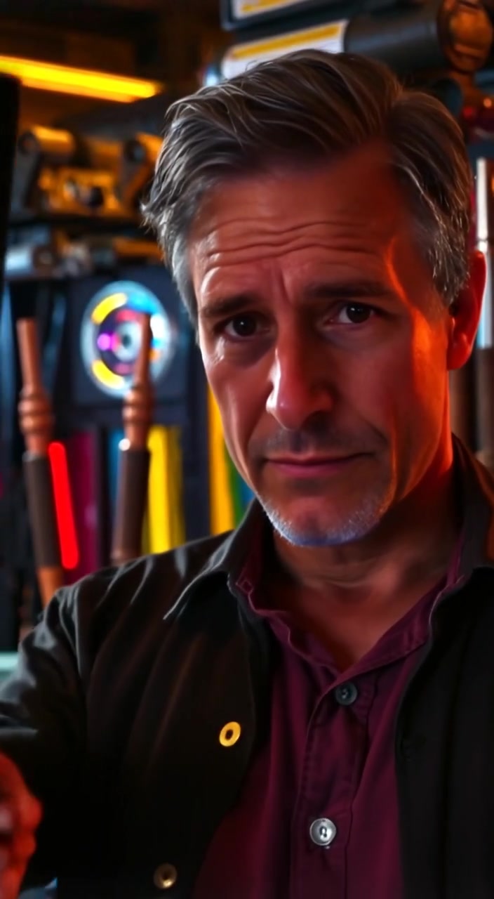 The man cautiously raises a weapon, casting a shadow on the dimly lit room filled with various armaments.