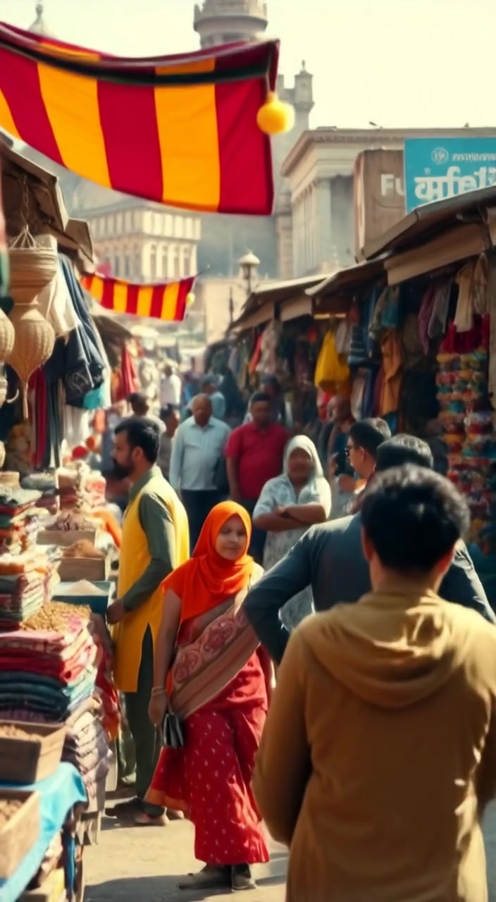 The woman gently inspects bright textiles at a bustling market, while spices are vibrantly displayed at nearby stalls.