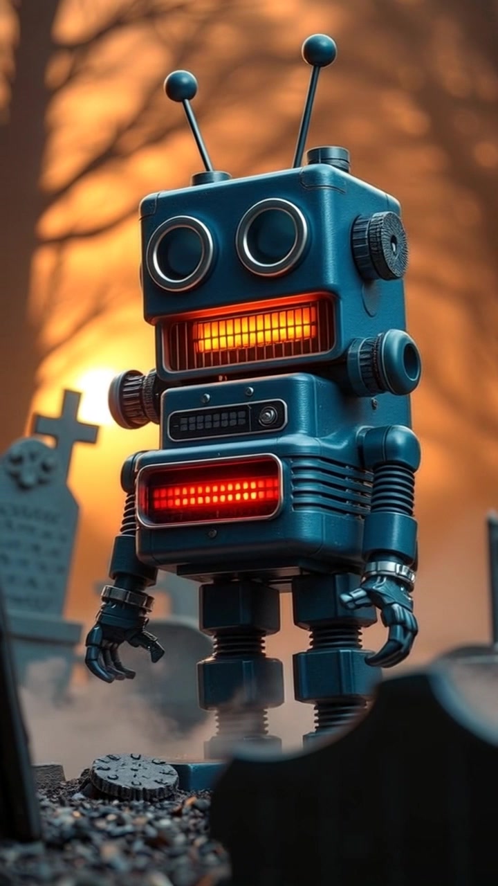 A foggy cemetery with old gravestones, and a blue robot named Toxicace standing in the middle.