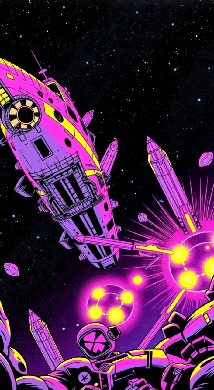 A gentle rotation of a massive, abandoned spaceship floating silently in the depths of dark space.