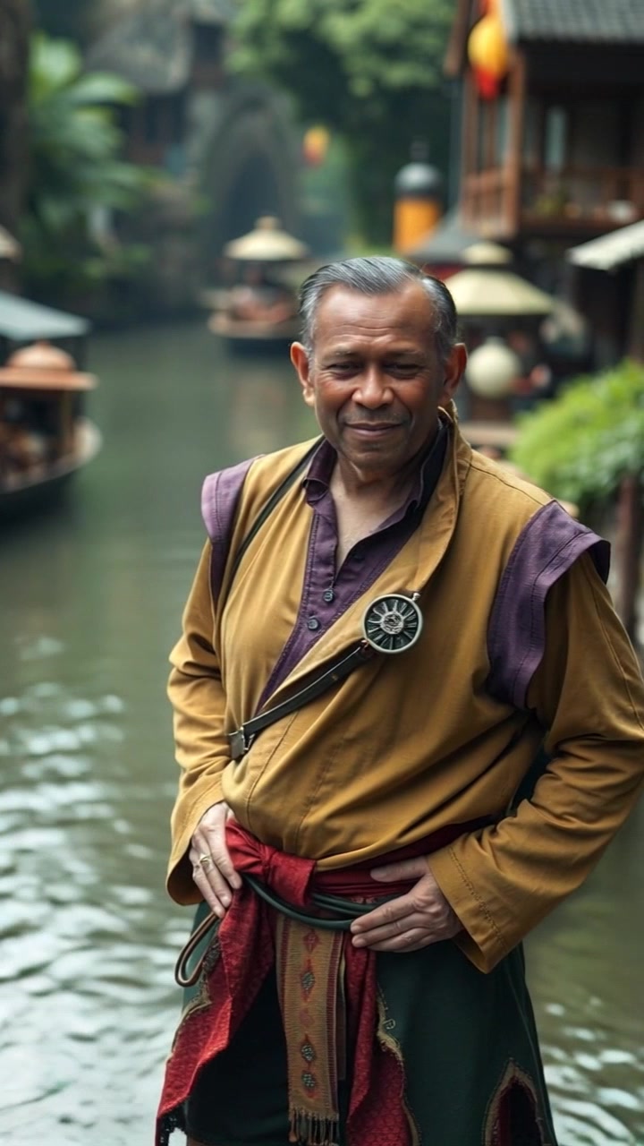 An elderly man in traditional Indonesian clothes stands confidently at the edge of a river. Slow pan starting from the riverbank, revealing the man's attire in detail. Ambient light gently illuminates the scene, creating a tranquil atmosphere.