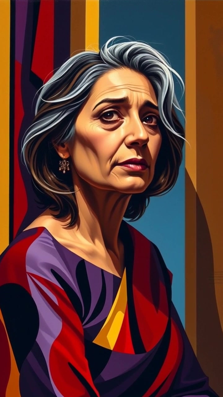 Subject: Indira Gandhi standing in a dimly lit room. Subject movement: She gazes out the window, tears glistening in her eyes. Scene: A somber, intimate room with heavy shadows and soft light filtering through the window, creating a poignant atmosphere. Motion: The camera slowly pushes in, capturing the deep emotion on her face and the poignant ambiance of the room, with a subtle sway that enhances the mood of reflection and sorrow.