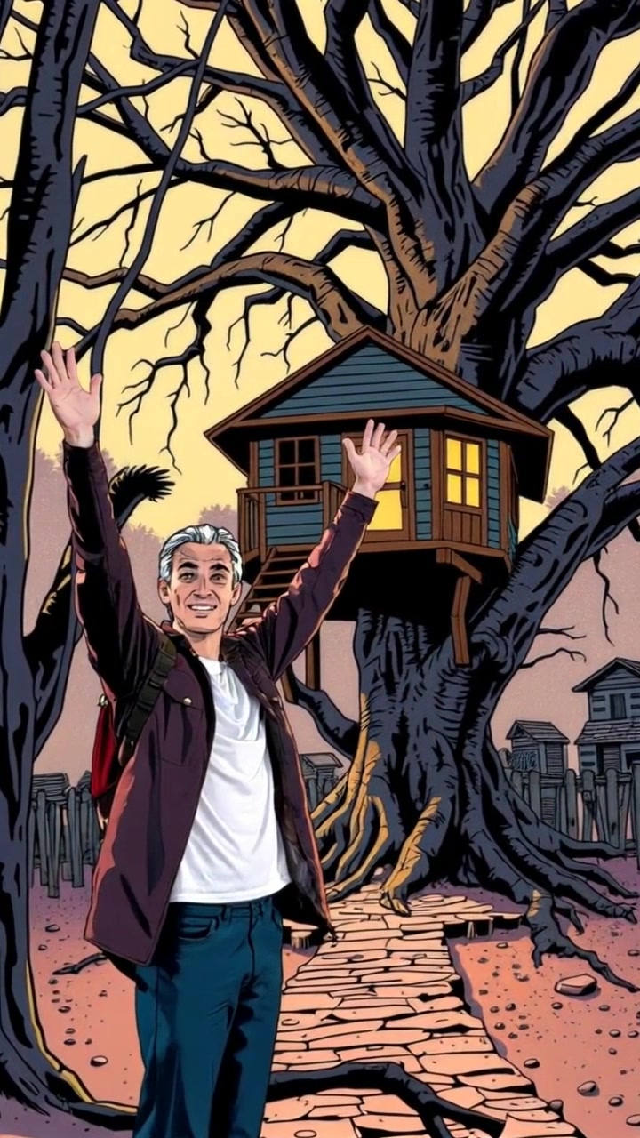 Subject: A young man standing with excitement in front of a rustic treehouse. Subject movement: He raises his arms in joy, as if welcoming adventure. Scene: A vibrant wooded area, filled with lush green trees surrounding the charming treehouse. Style: Sunlit atmosphere with dappled light filtering through the leaves, creating playful shadows. Motion: Camera smoothly pushes in on the subject as he expresses delight, capturing the excitement in his expression and the inviting nature of the scene.