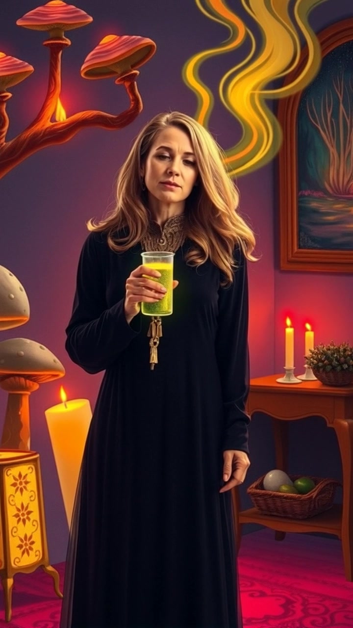 Mother, wearing a long black dress, stands in a dimly lit room with flickering candles, holding a glowing potion.