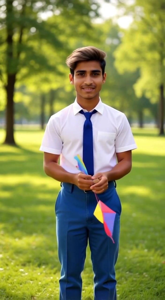 The boy watches as the colorful kite dances gently in the breeze against the sunny park backdrop.