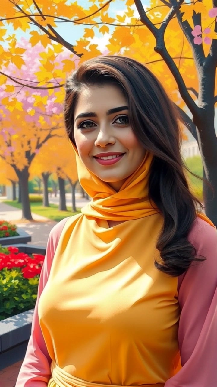 Aisha stands in a sunlit park, smiling gently, wearing traditional Muslim attire. Slowly push in towards Aisha as she turns her head, revealing the serene surroundings of the park. Soft ambient lighting highlights her features, creating a peaceful and contemplative atmosphere.