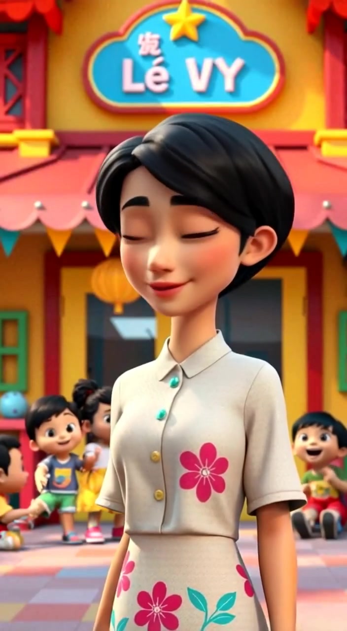The children play joyfully in the background as the woman observes near the colorful preschool building.