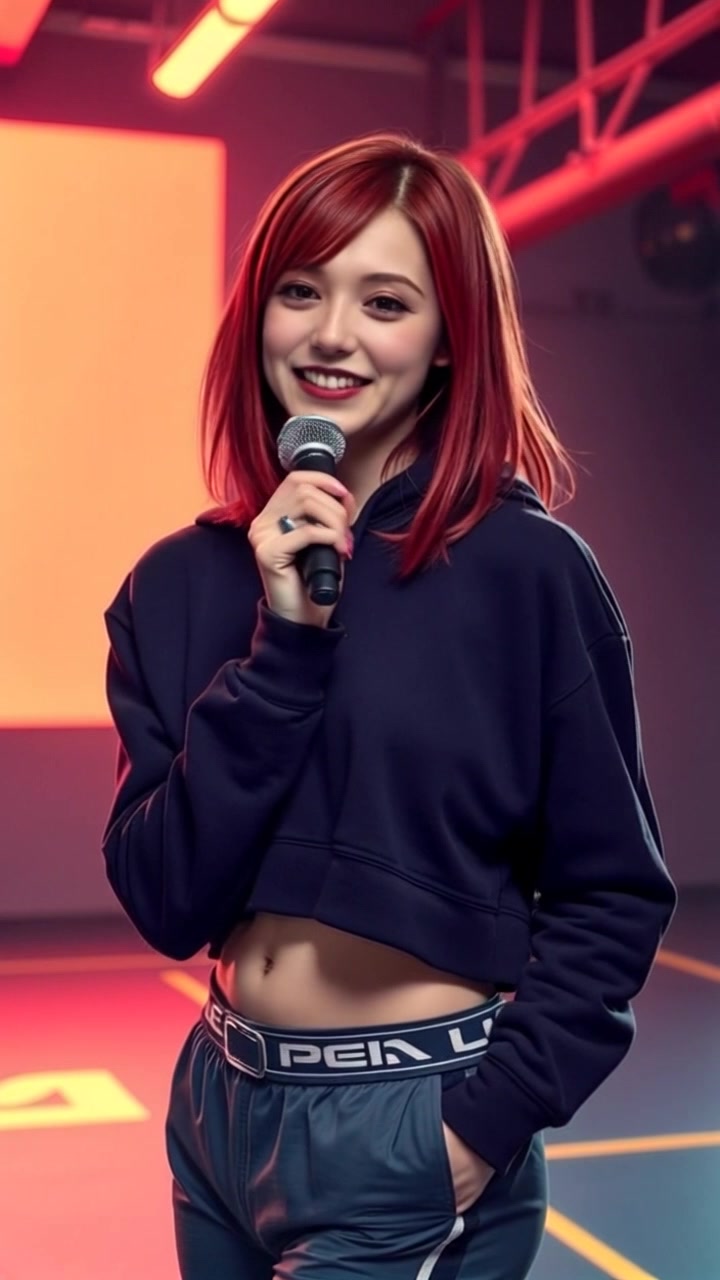 A person in casual sportswear stands against a bright gym background, holding a microphone with an engaging smile.
