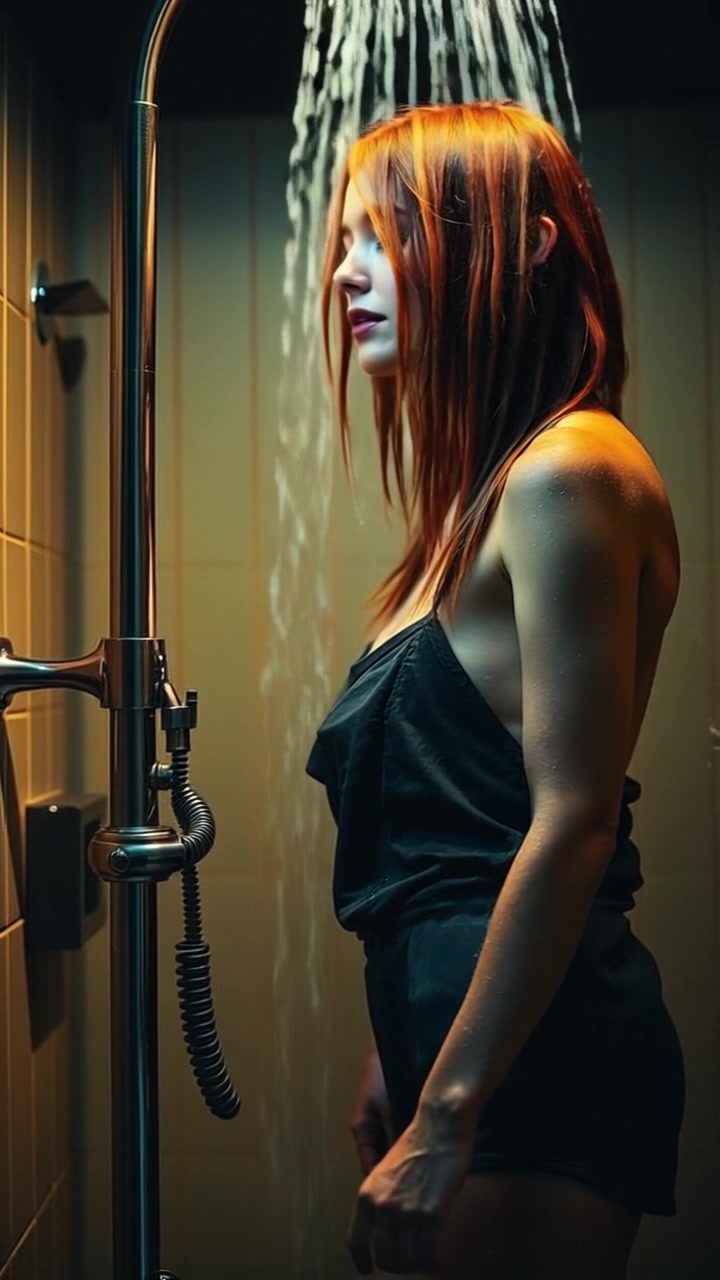 A person stepping into a shower with cold water, looking refreshed after a workout.