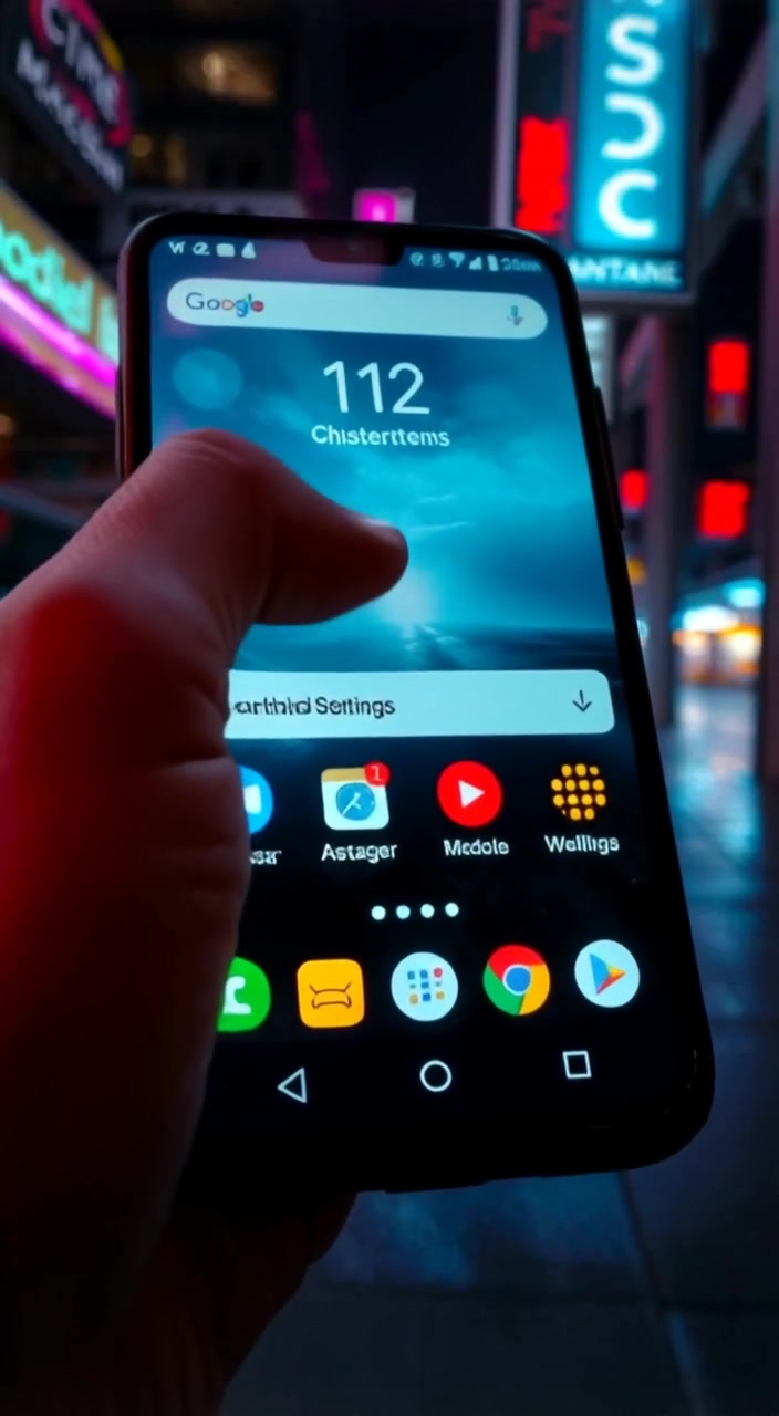 A hand gently hovers over the settings icon on an Android phone screen filled with various apps.