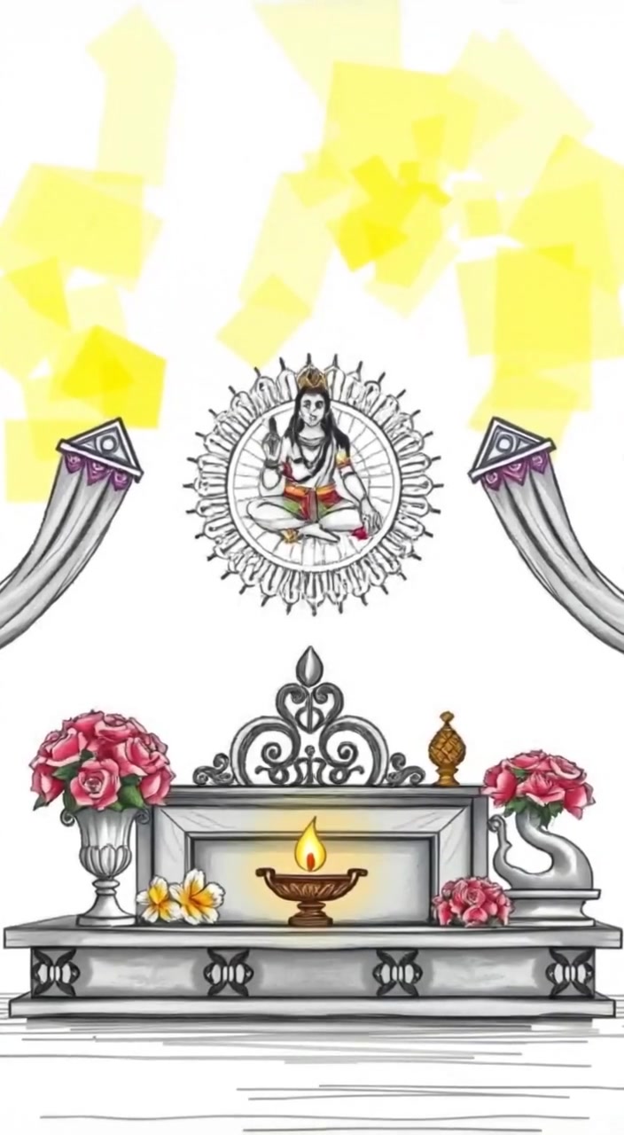 A gentle breeze rustles the flowers on the altar, and the lamp flickers softly in the peaceful sunlight.