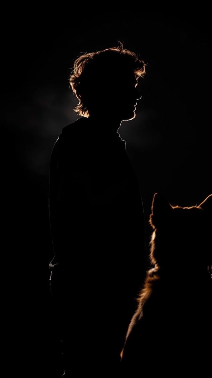 A dark scene showing the Man in the dark standing with his Dog, illuminated by faint light.