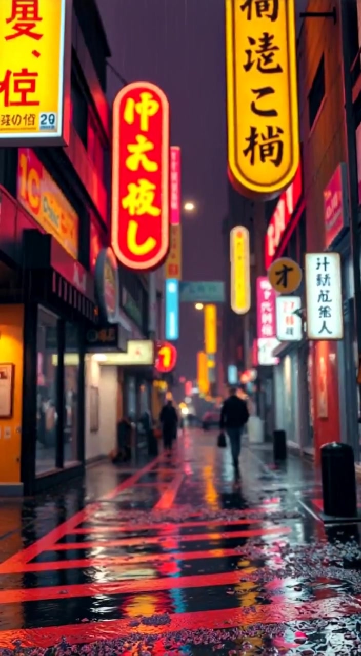 Neon signs flicker gently above a rain-soaked street, as water pools quietly at the edges.