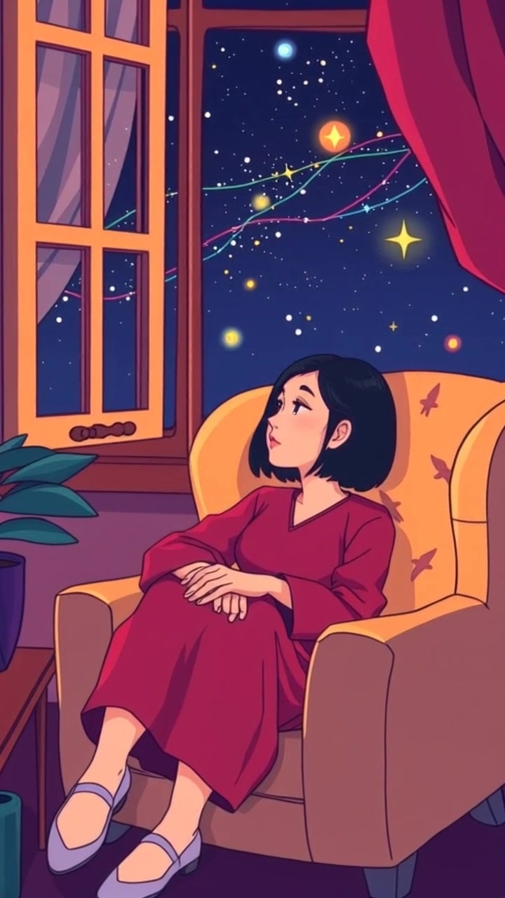 Subject: Lala, sitting on a cozy armchair. Subject movement: She shifts slightly, a contemplative gaze directed towards the starry night outside the window. Scene: An inviting living room, warmly lit with soft lighting that creates a tranquil atmosphere, adorned with books and cushions. Motion: The camera slowly pushes in, capturing Lala's reflective expression while the outside world twinkles with distant stars, enhancing the peaceful ambiance.