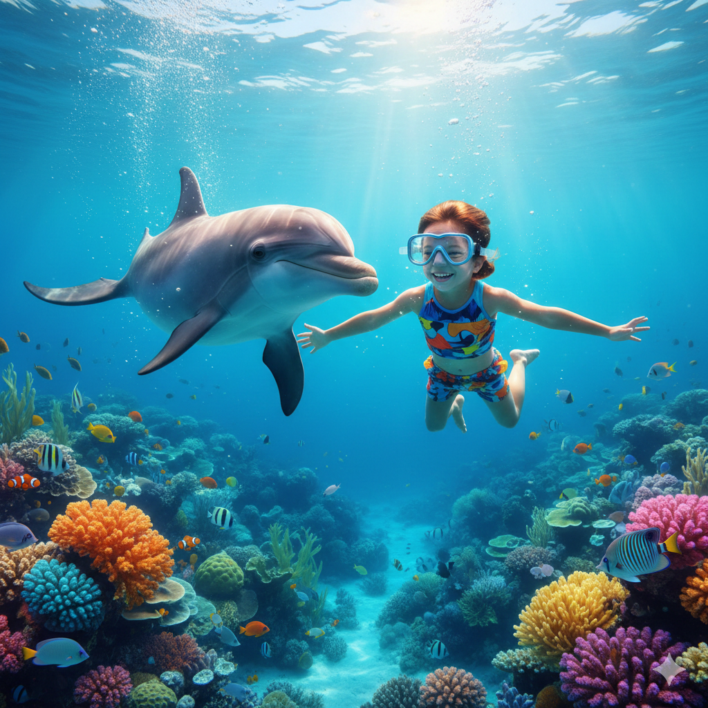 खुश बच्चे और दोस्ताने डॉल्फ़िन का समुद्री मज़ा