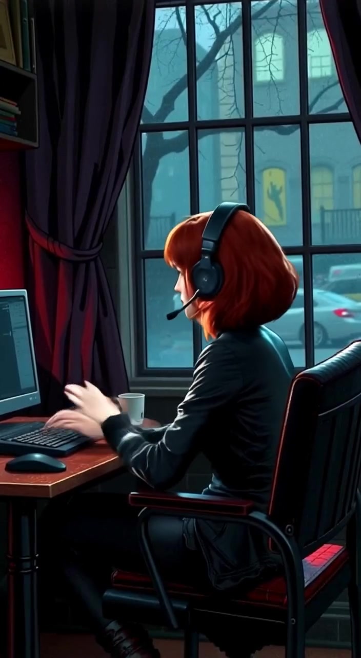 The woman gestures naturally while speaking into a headset, focused on her computer in a cozy room.