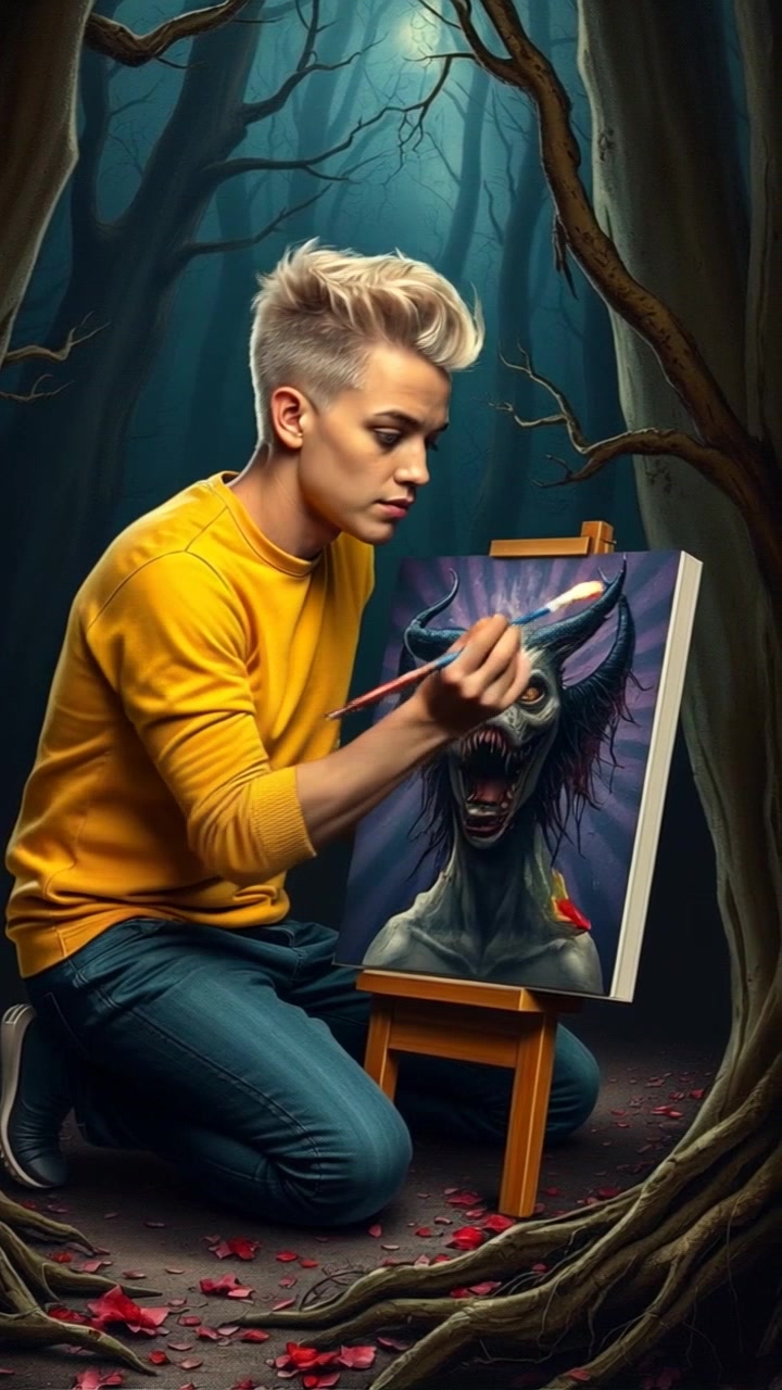Subject: A young man kneeling on the ground, focused on painting. Subject movement: He dips the paintbrush into vibrant colors before applying it to the canvas, creating expressive strokes. Scene: A dark forest backdrop on the canvas, with tall, shadowy trees rising majestically around him. Style: Soft, ambient lighting filtering through the forest, casting a serene glow on the scene. Motion: The camera pans slowly around the painter, capturing his concentration and the intricate details of the painting as it evolves.