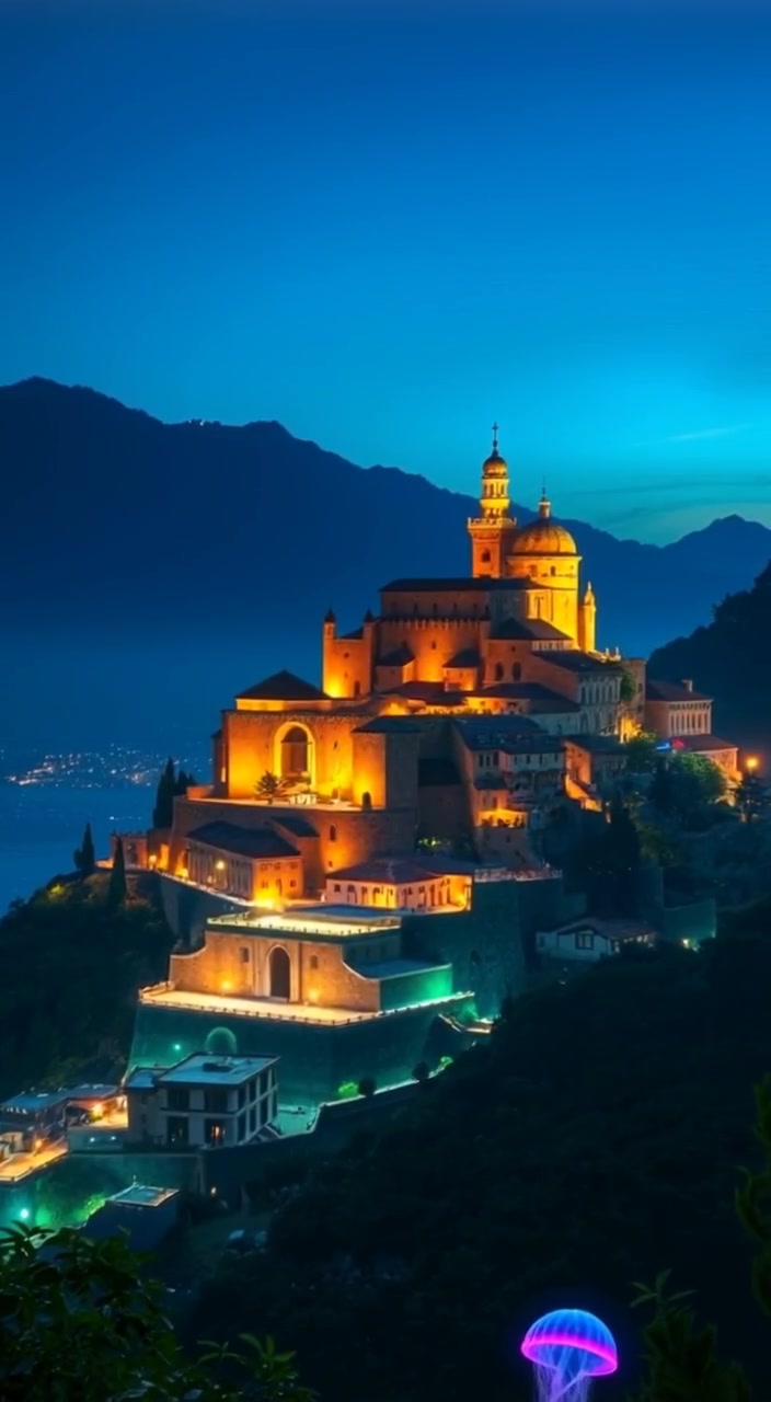 Leaves gently sway in the breeze as the sun casts shadows on ancient buildings amidst lush greenery.