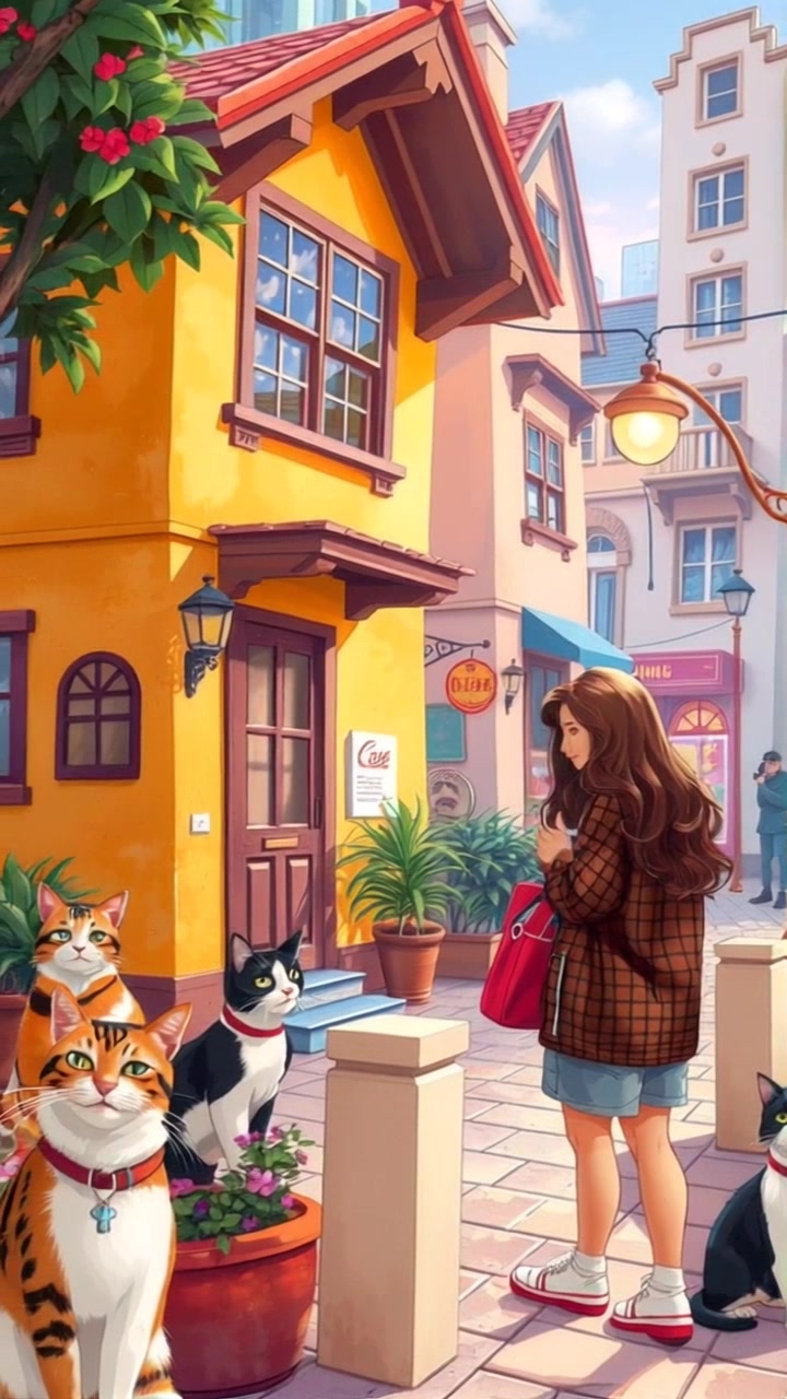Scene: A small cozy house nestled within a bustling city, with vibrant urban life surrounding it. Lighting: Late afternoon sun casting a warm, inviting glow on the house and sidewalk. Motion: Camera smoothly glides down the sidewalk, capturing the energetic movement of pedestrians and city traffic while focusing on the woman standing still, engrossed in her phone, creating a contrast between her calmness and the bustling environment.