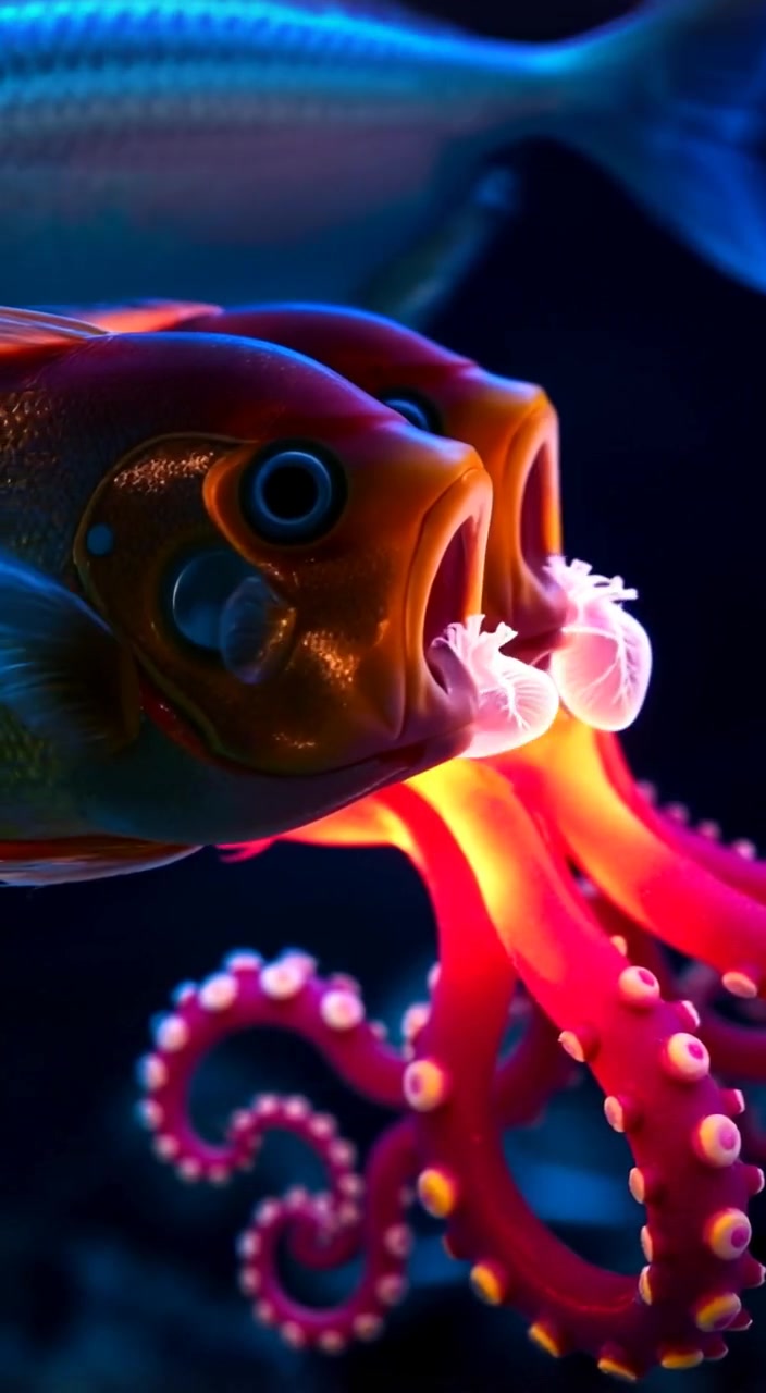 The fish gracefully swim side by side, gills gently moving as they inhale water in tranquil underwater surroundings.