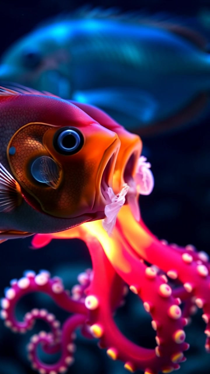 Subject: Two fish swimming side by side, their gills moving rhythmically as they inhale water. Scene: Underwater setting with colorful coral formations in the background and shafts of light filtering through the surface. Lighting: Soft ambient light illuminating the scene with a tranquil vibe. Motion: The camera slowly tracks alongside the fish, capturing their movements with a smooth glide as they navigate through the vibrant underwater landscape.