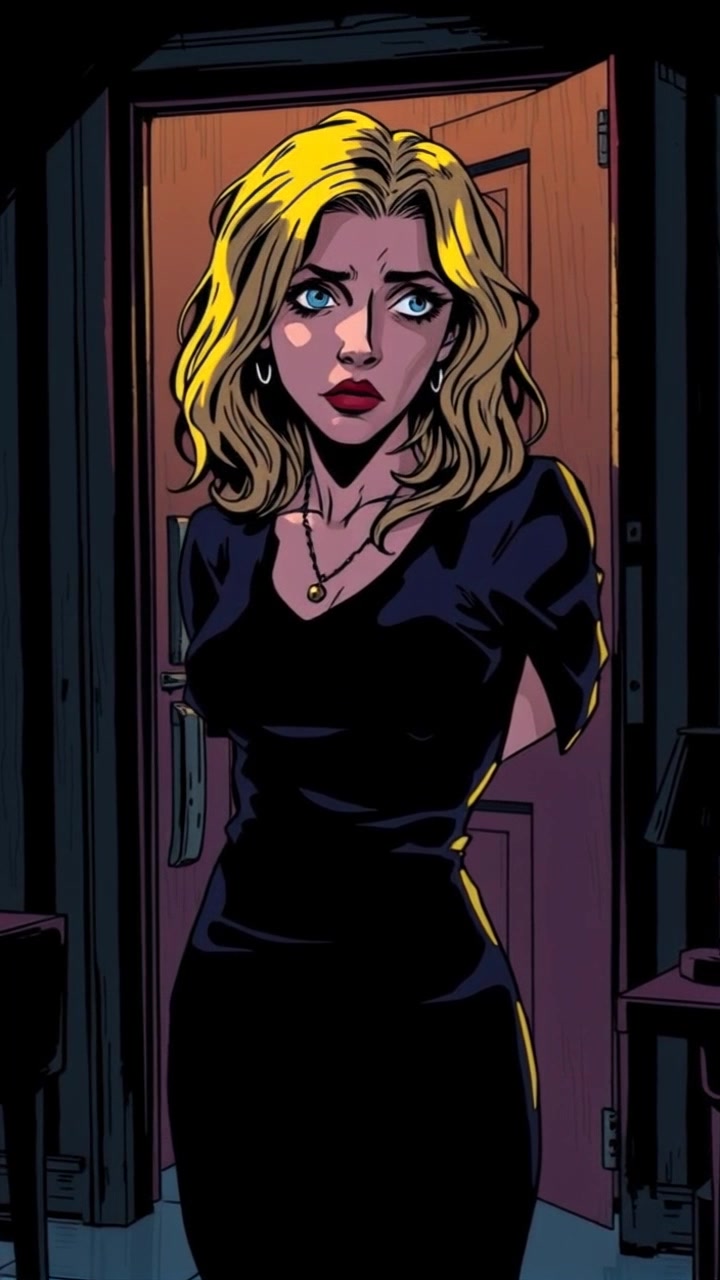 Subject: A woman standing in a dimly lit apartment. Subject movement: She shifts her weight slightly as she looks anxiously towards the front door. Scene: The muted interior of the apartment enhances the tension, with shadows creeping along the walls. Lighting: Low ambient light creating a somber atmosphere. Motion: The camera slowly pushes in on her face, emphasizing her worried expression as subtle sounds of a creaking door echo in the background.