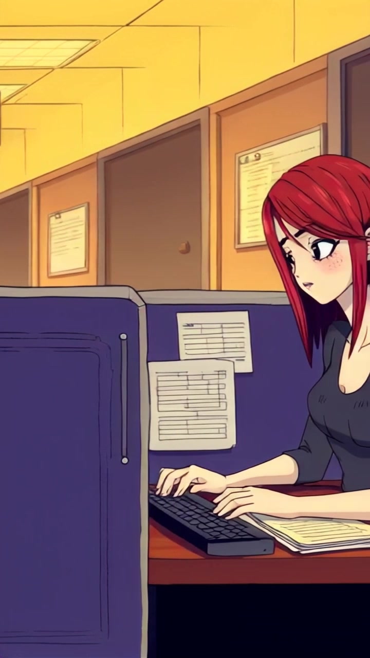 Scene: An office interior with cubicles, featuring a focused worker at her desk surrounded by spreadsheets. Style: Bright, overhead fluorescent lighting with a sterile feel. Motion: The camera smoothly glides through the workspace, capturing the hustle and bustle of the office environment as it passes by different cubicles, finally centering on the worker diligently typing.