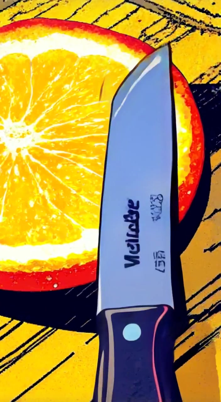 The knife gently slices through the orange, juice dripping onto the wooden cutting board.