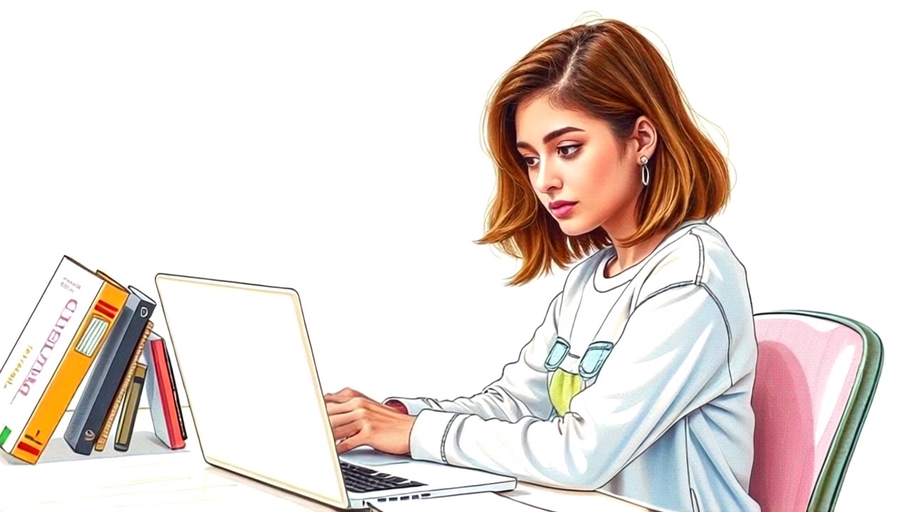 Subject (A young woman with long brown hair, wearing glasses, casual clothing) + Subject movement (Staring intently at the laptop screen) + Scene (Home office setup with wooden desk, books, and laptop) + Camera Language (Slow zoom in on the woman's face) + Lighting (Soft natural light filtering through window) + Atmosphere (Focused and productive)