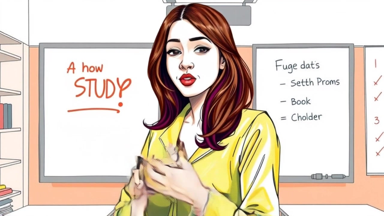 Subject (Bright classroom with whiteboard, Student with study materials) + Student explains with hand gestures + Scene (Classroom with whiteboard) + Camera Language (Slow zoom in on student) + Lighting (Natural light from windows) + Atmosphere (Focused and educational)