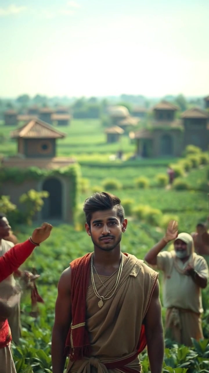 Subject: Ramu standing proudly in a lush green field surrounded by villagers. Subject movement: Ramu gazes confidently at the crowd, while villagers cheer and applaud enthusiastically. Scene: A vibrant, green field filled with thriving crops under a clear blue sky. Lighting: Bright, natural daylight enhances the scene's warmth and liveliness. Motion: The camera slowly pans around Ramu, capturing the expressions of admiration from the villagers as they gather around him.