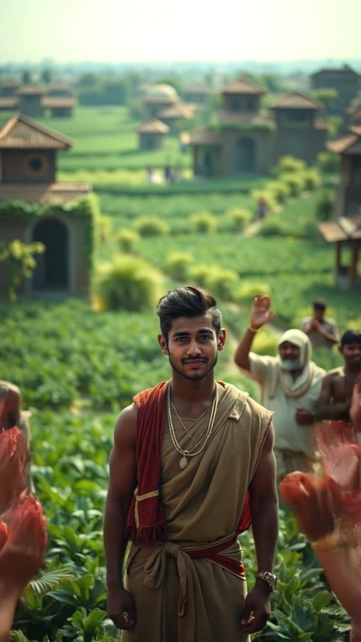 Subject: A proud figure standing in a lush green field. Subject movement: The figure stands tall and confident while villagers gather around, clapping and cheering in celebration. Scene: Expansive green field with thriving crops under a clear blue sky, surrounded by excited villagers. Style: Bright, natural lighting highlighting the vibrancy of the field and the joy of the gathering. Motion: Camera slowly zooms in on the figure, capturing the details of the celebration and the rich landscape in the background.