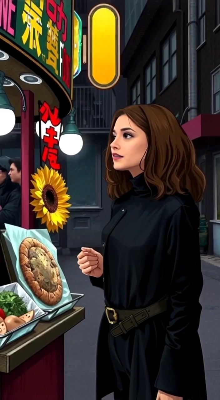 The woman leans closer, eyes wide, as sizzling food cooks at the vibrant street vendor.