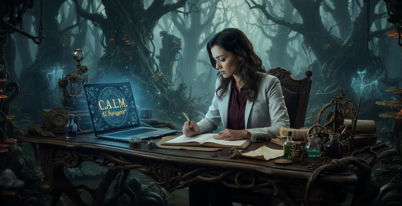 The Office Worker watching a tutorial video on her laptop, with notes and a pen in hand.