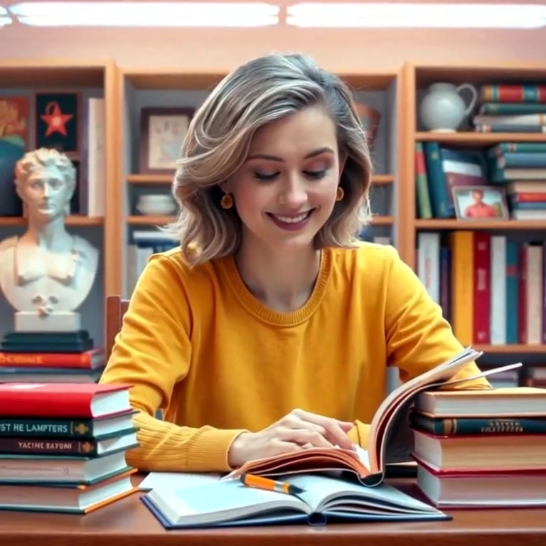 The woman gently flips through a book, smiling as she uncovers a fascinating detail in her studies.