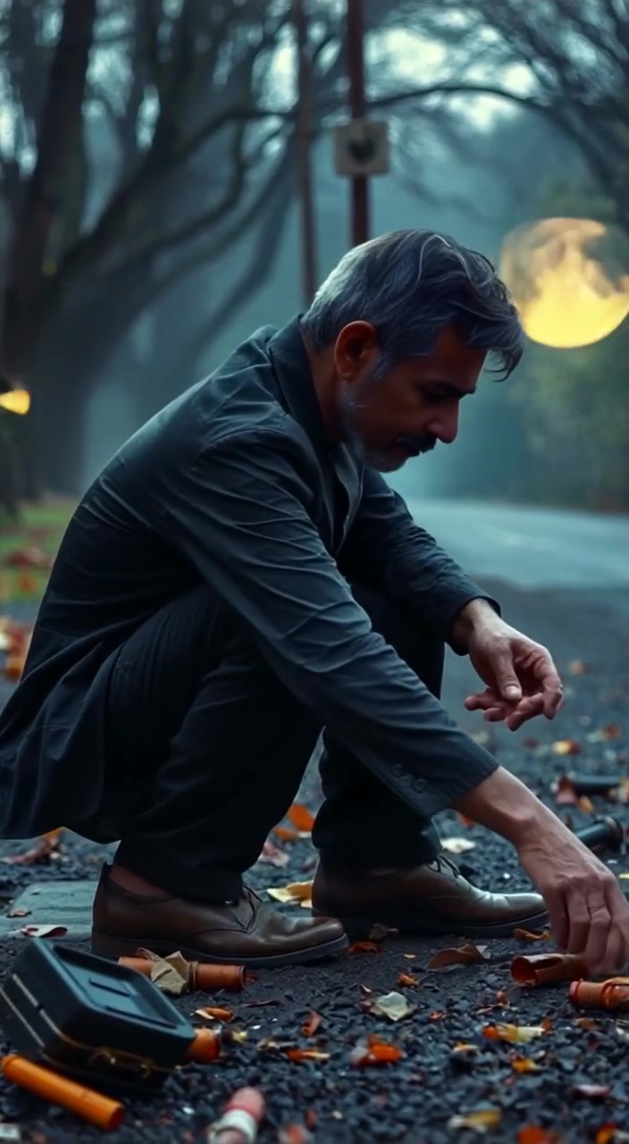 The man gently picks up a piece of debris while surveying the quiet roadside.