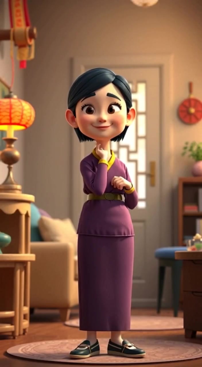The woman gently adjusts a hanging lantern, casting soft shadows on the traditional decor in her humble home.