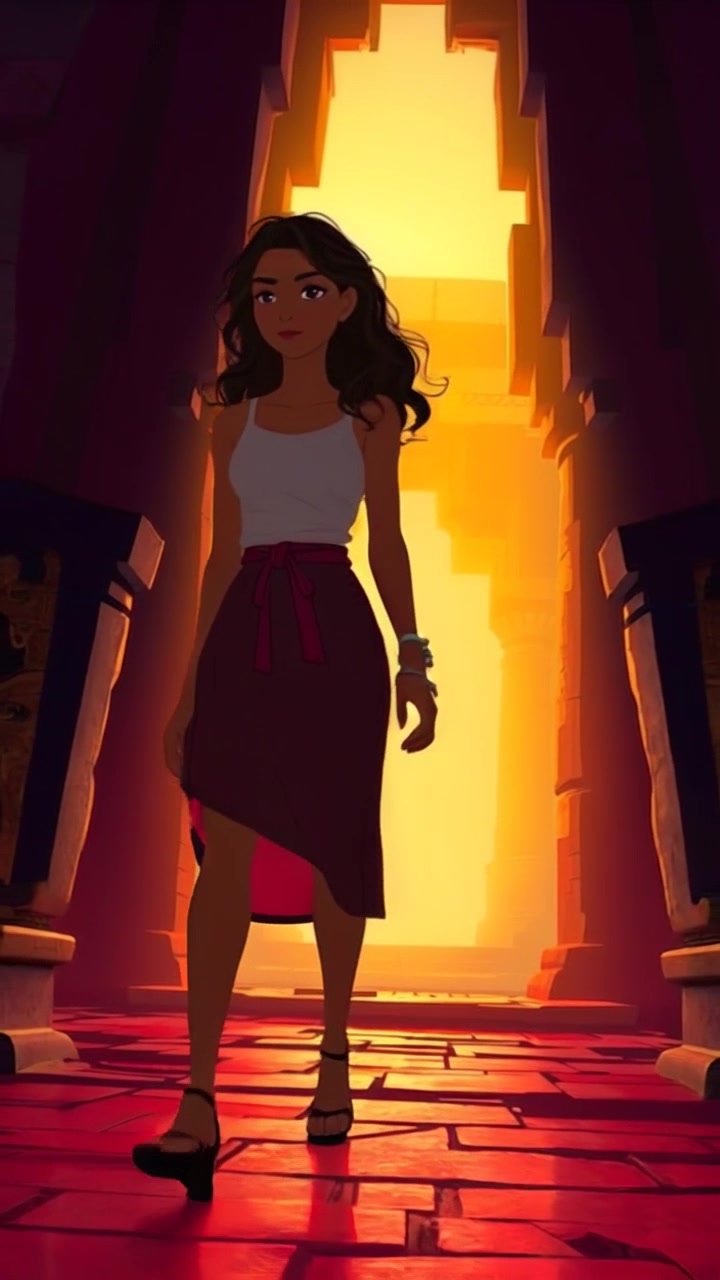 Subject: Aarohi stepping into the temple. Subject movement: She moves gracefully as her silhouette crosses the threshold, emerging from the shadows into the warm glow. Scene: The interior of a serene temple illuminated by soft, inviting light, with ornate decorations in the background. Style: The lighting is rich and golden, creating a tranquil atmosphere. Motion: The camera follows Aarohi's entrance with a smooth dolly shot, gently pushing in to capture the contrast between her silhouette and the temple's radiant interior.