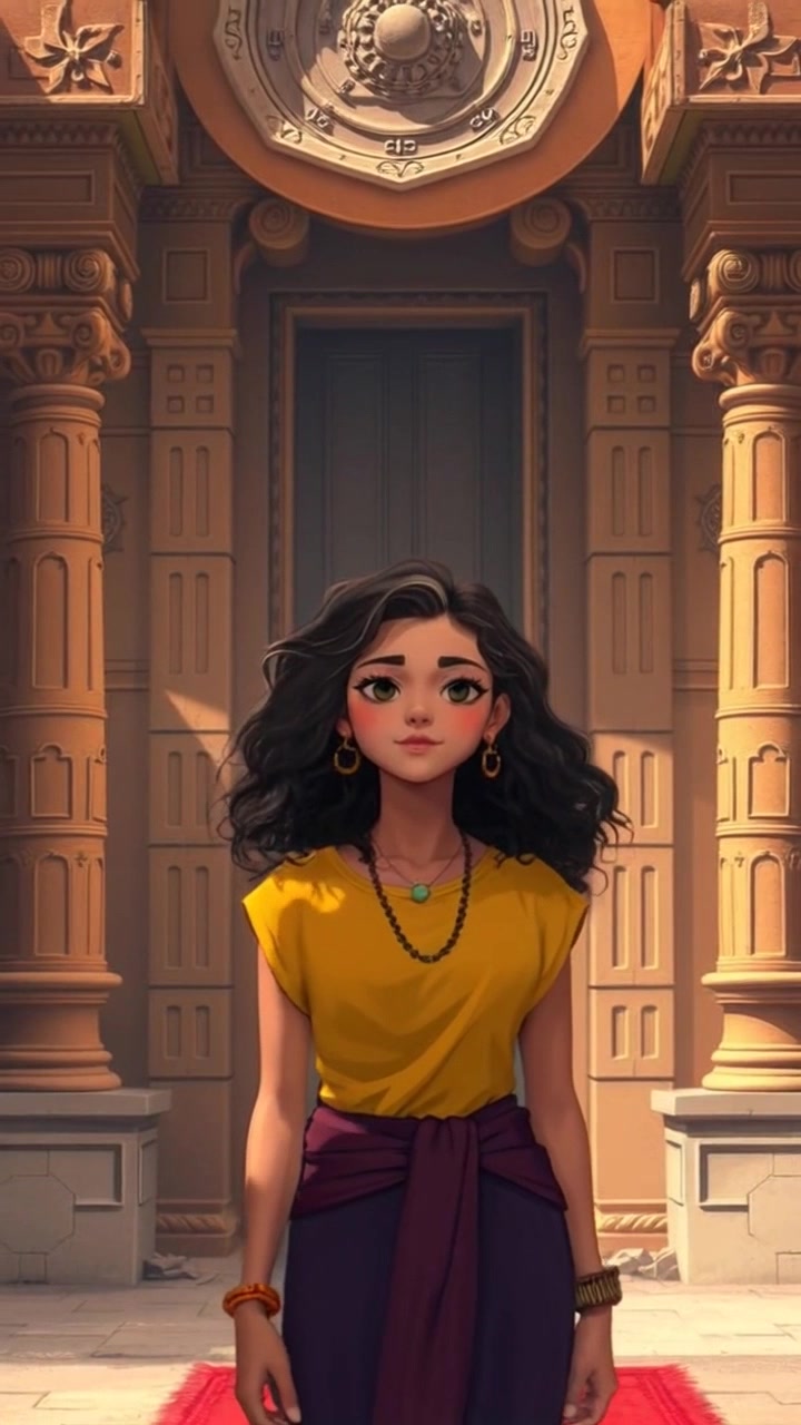 Subject: Aarohi stands thoughtfully in front of an enigmatic door, curiosity evident on her face. Subject movement: She takes a few slow steps closer, glancing around the temple's intricate architecture. Scene: An ancient temple setting filled with rich carvings and ambient shadows. Style: Soft, natural lighting filtering through the temple, creating a serene and mysterious atmosphere. Motion: The camera slowly pushes in towards Aarohi, capturing her contemplative expression as she approaches the door, with a gentle dolly-in effect that enhances the intrigue.