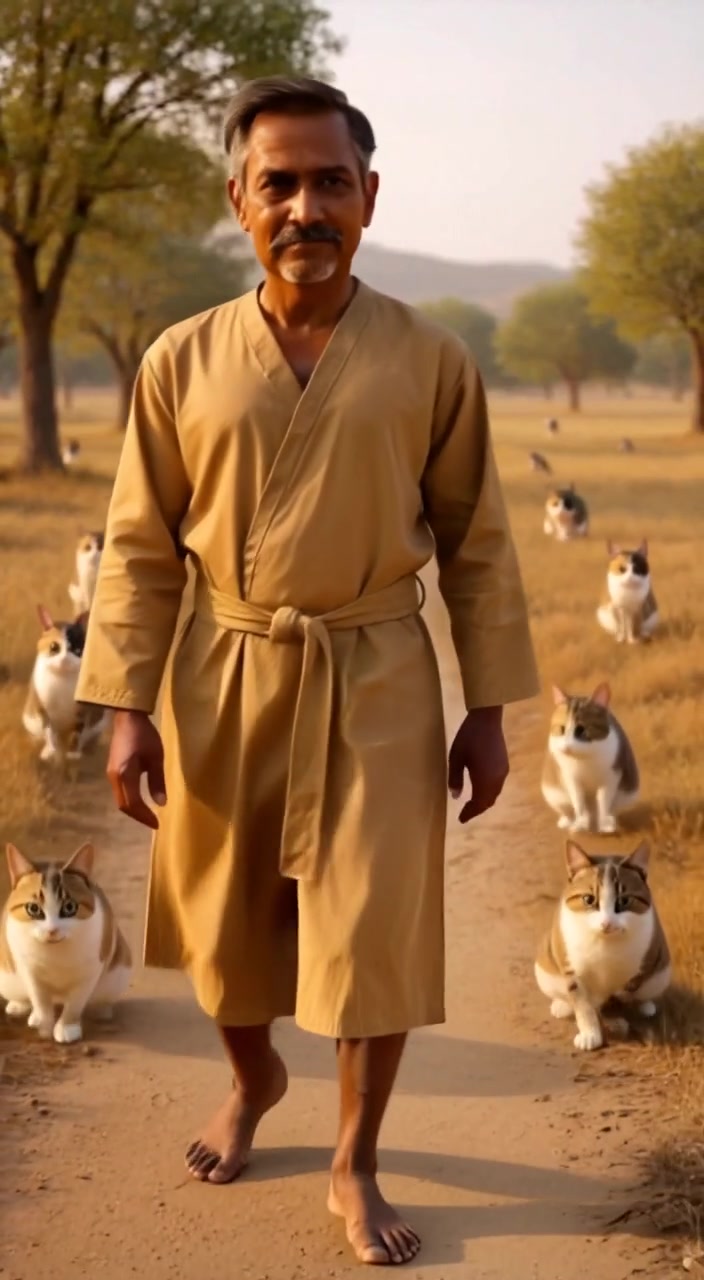 The man walks barefoot along a dusty path, surrounded by trees, gently swaying in the warm breeze.