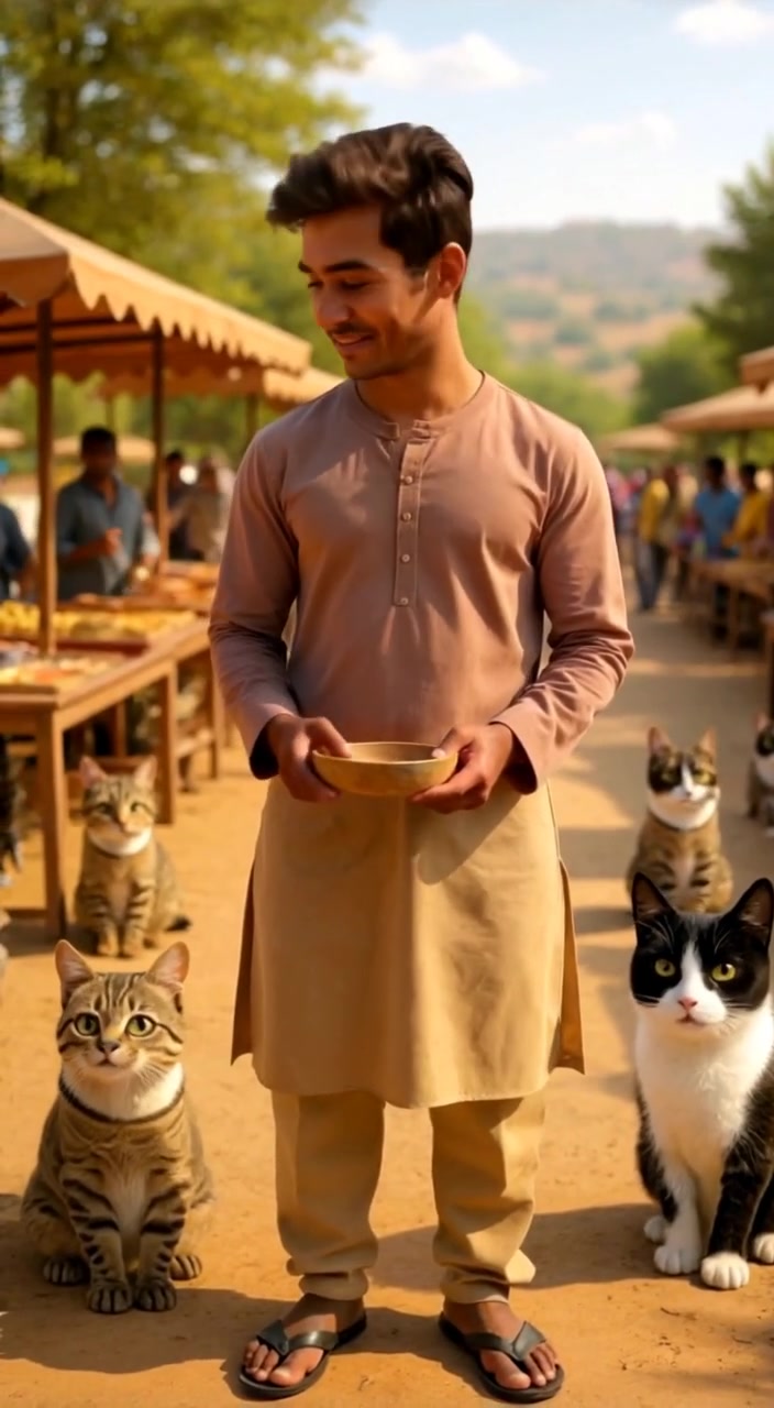 The man gently stirs the contents of a bowl while observing the lively market around him.