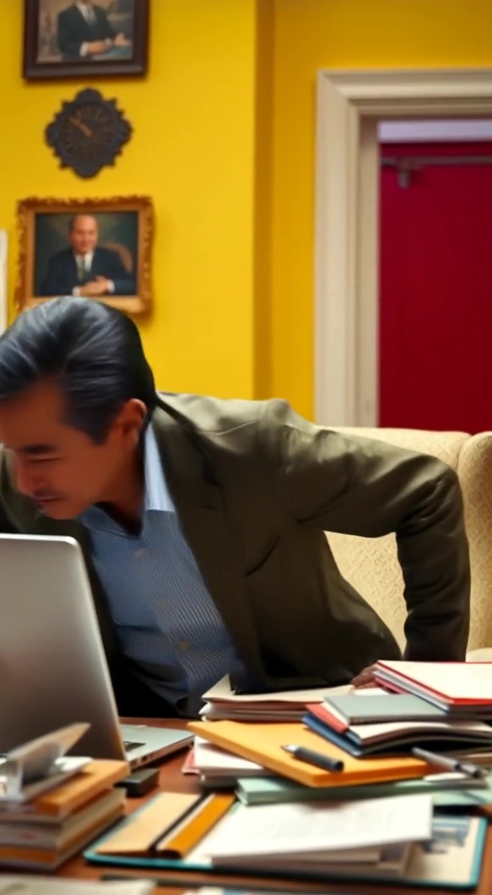 The person gently shifts in the chair, grimacing as they grasp their lower back in discomfort.