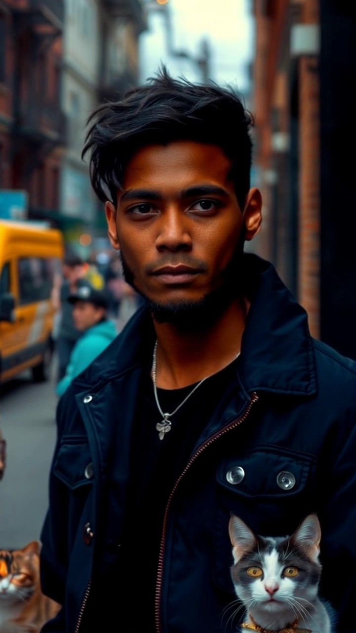 Scene: A tense atmosphere envelops Agent Rahasia as he stands alone on an urban sidewalk, surrounded by shadows cast by nearby buildings. Style: Dramatic lighting creates sharp contrasts, enhancing the suspense in the environment. Motion: The camera slowly zooms in on Agent Rahasia's focused expression, capturing subtle shifts in his posture as he glances around, heightening the feeling of unease.