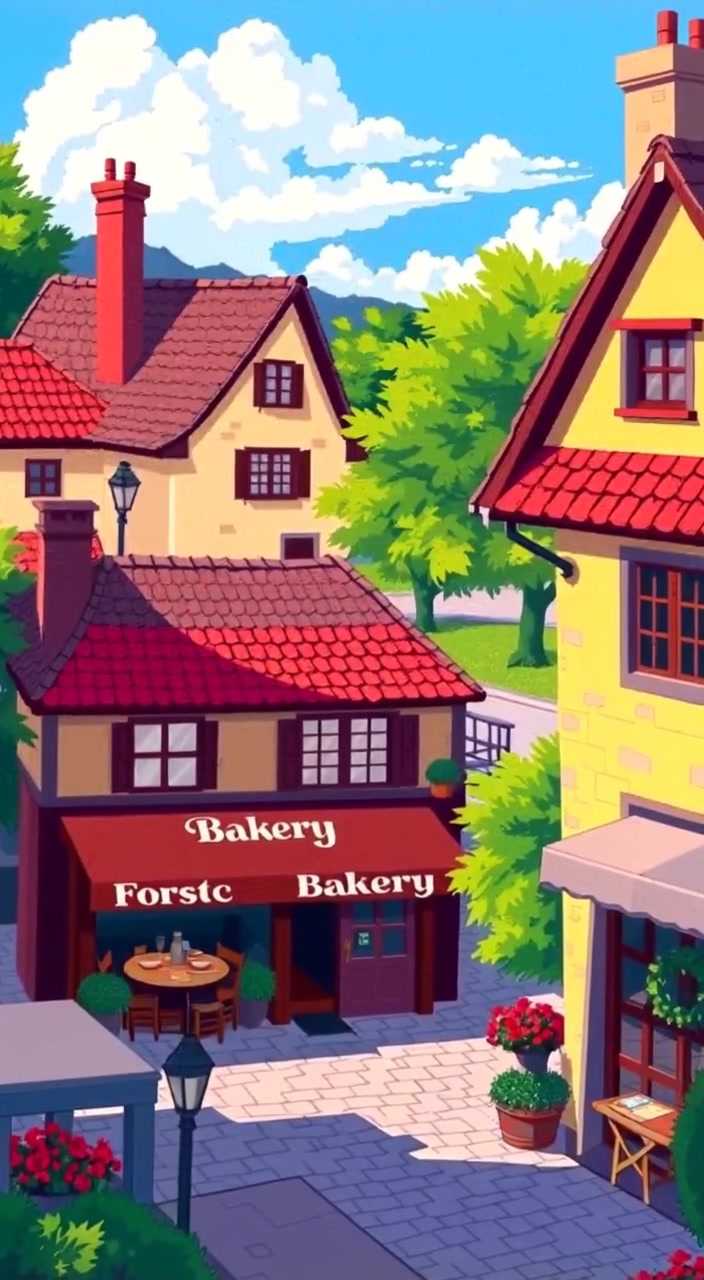 A gentle breeze sways the branches of trees in the village square, while bakery aromas waft through the air.