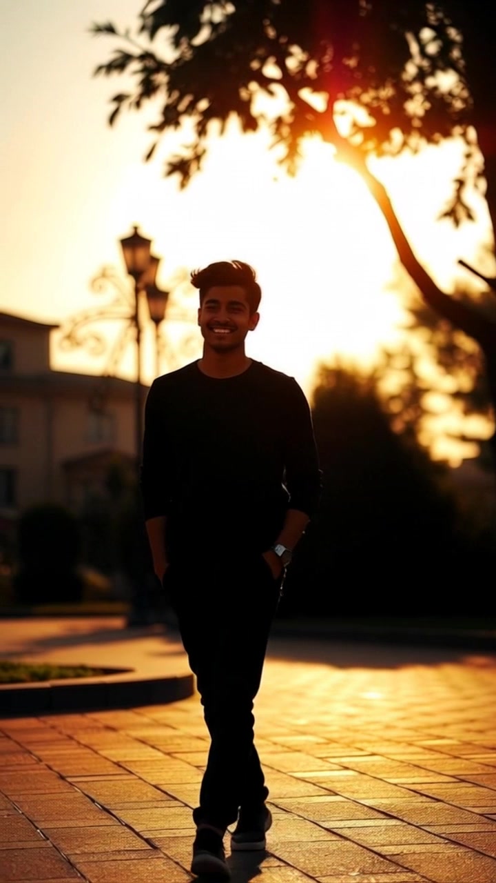 Subject: Arjun walking through a sunny park. Subject movement: Arjun walks joyfully, his smile bright as he strolls along the path, enjoying the vibrant surroundings. Scene: A sunny park filled with blooming flowers and lush greenery, framed by tall trees in the background. Style: Bright, warm sunlight enhances the colors of the park, creating an inviting atmosphere. Motion: The camera follows Arjun from a side angle, smoothly panning alongside him, capturing the joy in his expression as he interacts with the lively environment.