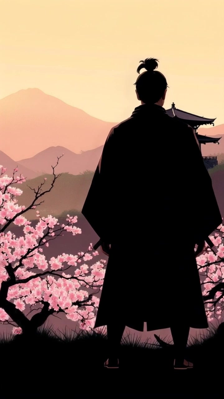 Subject: A lone samurai standing on a hill. Subject movement: The samurai gazes contemplatively over a cherry blossom grove, slightly swaying in the gentle breeze. Scene: A traditional Japanese landscape featuring a hilltop and a vast cherry blossom grove in full bloom. Style: Soft, diffused morning light illuminating the scene with a serene glow, casting delicate shadows among the blossoms. Motion: The camera slowly pans from the cherry blossoms to the samurai, capturing the elegance of the blossoms as they dance in the wind, highlighting the tranquil atmosphere of the landscape.