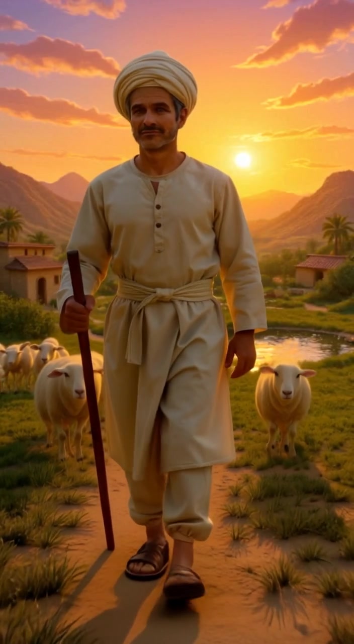 A man walks gently with a flock of sheep across a lush meadow, mountains looming in the distance.